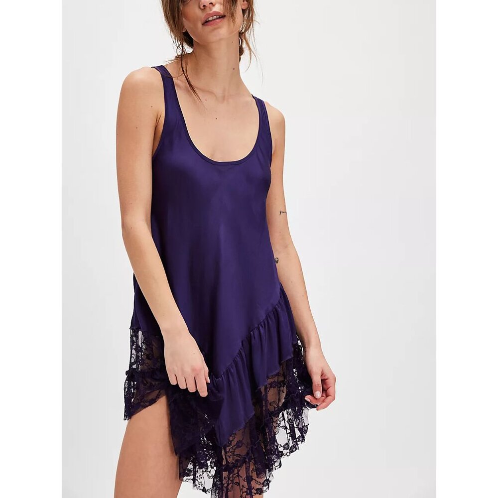 Free People Deep Purple Satin Slip Dress with Lace Trim - Picture 2 of 9